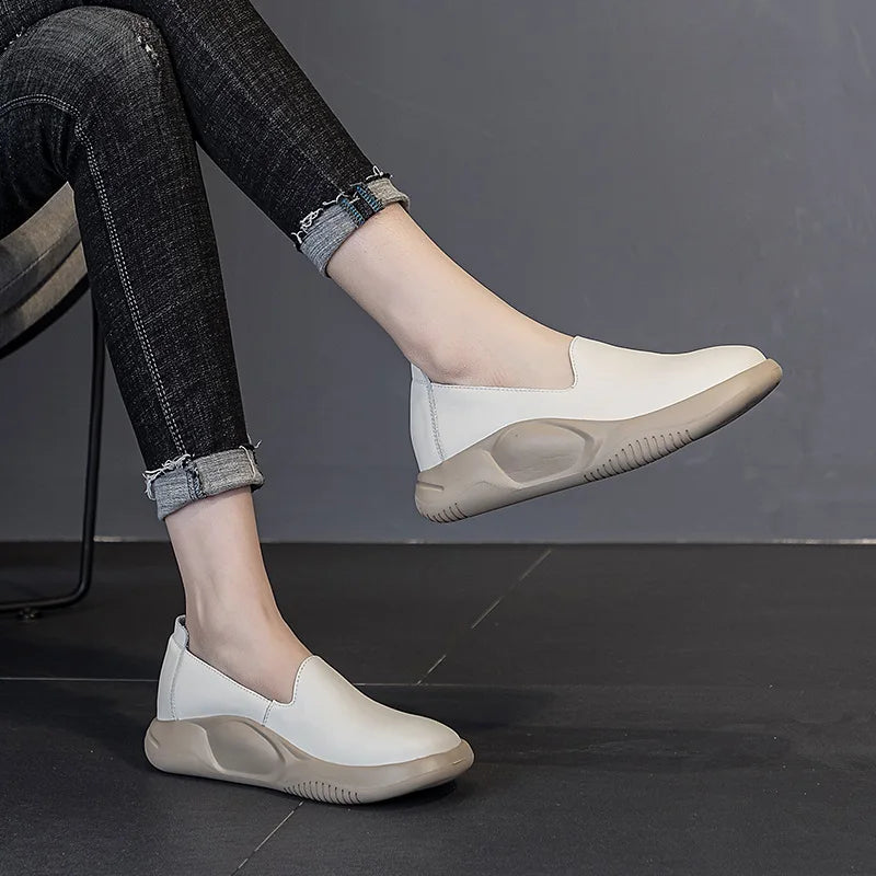 DRKANOL Women Slip On Loafers Solid Color Genuine Leather Shallow Flat Platform Shoes Spring Summer Lightweight Single Shoes