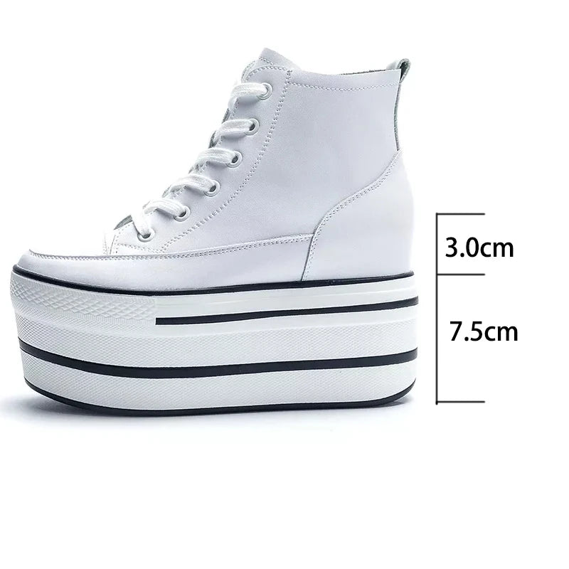 Fujin Women's High Top Sneakers Casual Leather Lace up Boots Sneakers For Woman Spring Autumn Shoes High Heels Sneaker Shoes