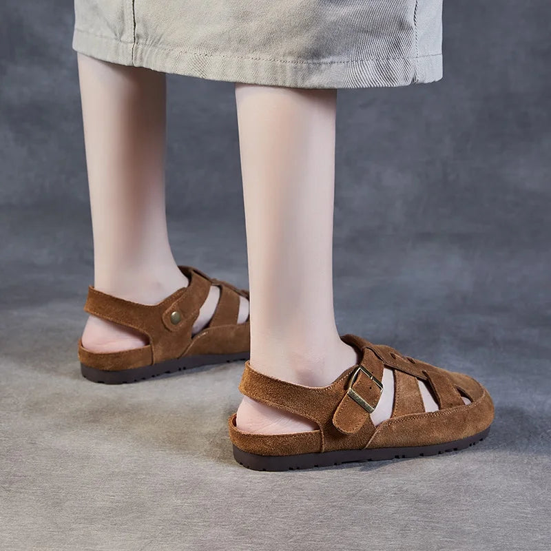 DRKANOL 2025 Fashion Women Sandals Summer Flat Shoes Quality Cow Suede Leather Round Toe Hollow Out Outside Casual Roman Sandals