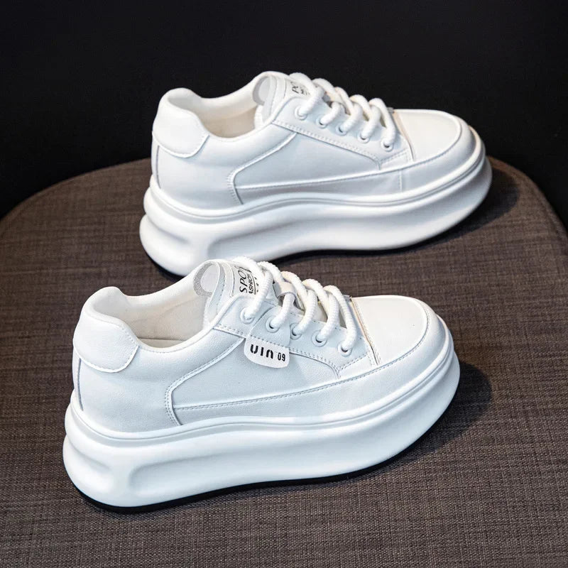 Fujin 8cm Cow Genuine Leather Comfy Breathable Skate Board Platform Wedge Sneakers Vulcanized Chunky Hidden Heel Block Shoes