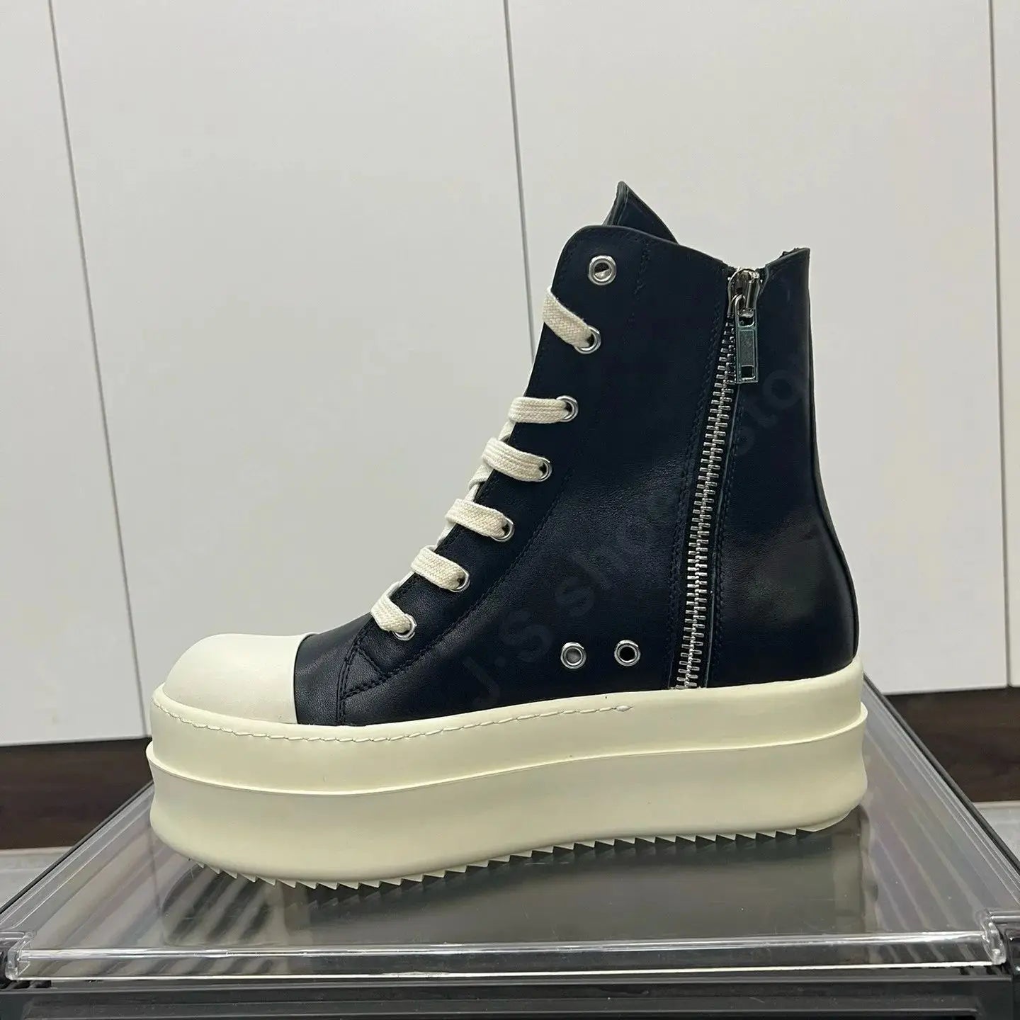 R-o Luxury Men Shoe Black Leather High Top Shoes Women Sneaker Casual Boot Zip 6cm Thick Sole Sneakers Pantshoes Ankle Boots