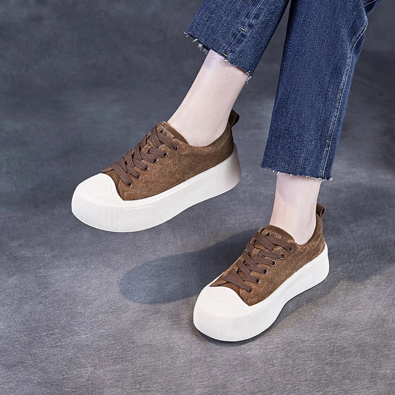 DRKANOL 2025 Fashion Women Flat Platform Shoes Spring Lace-Up Quality Cow Suede Round Toe Casual Sneakers Ladies Board Shoes
