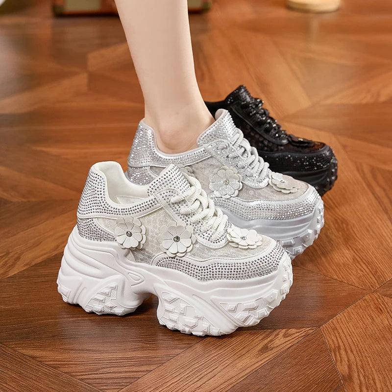 AUTUSPIN 10cm Lace Shoes for Women High Platform Wedged Casual Shoes Female Outdoor Crystal Shiny Comfy Chunky Footwear Woman