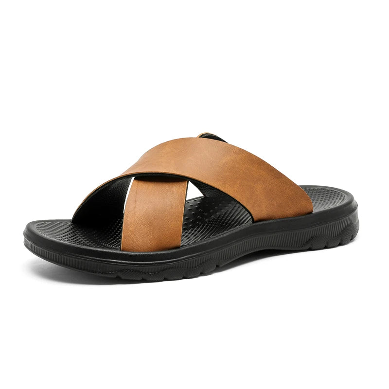 PU Leather Slippers Men Slides Summer Casual Beach Shoes Slip-Ons Flats Indoor Outdoor Flats Big Size 47 48 Dropshipping