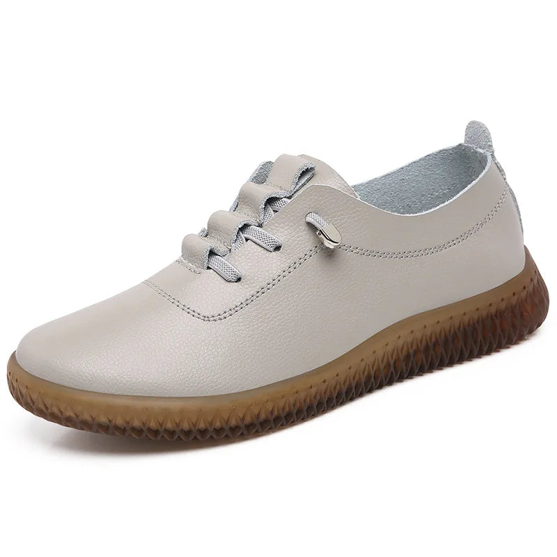 WOIZGIC Ladies Women's Female Mother Genuine Leather Vulcanized Shoes Flats Moccasin Loafers Non Slip Lace up Plus Size 41
