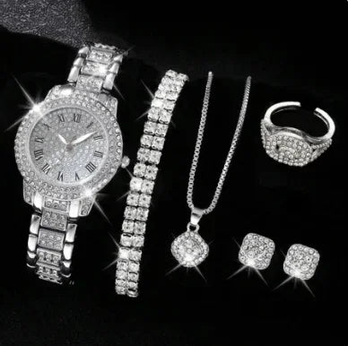 6pcs/set Women's Watch Luxury Rhinestone Quartz Watch Hiphop Fashion Analog Wrist Watch & Jewelry Set, Gift For Mom Her