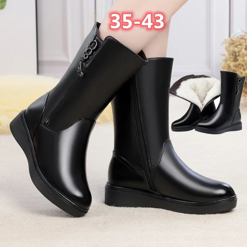 WOIZGIC Bottes mi-mollet pour femme, chaussures d'hiver en fourrure, laine, peluche, chaudes, fermeture éclair, cuir véritable, grande taille 42 43