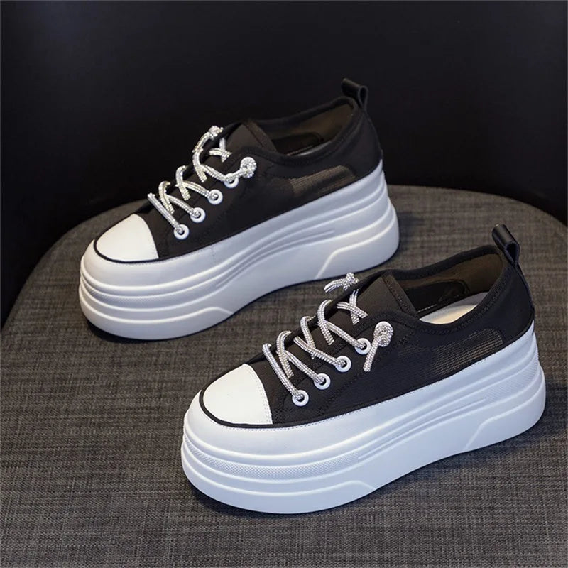 Fujin 8cm Breathable Air Mesh Genuine Leather Women Platform Shoes Wedge Sneakers for Women Summer Shoes Fashion Sneakers