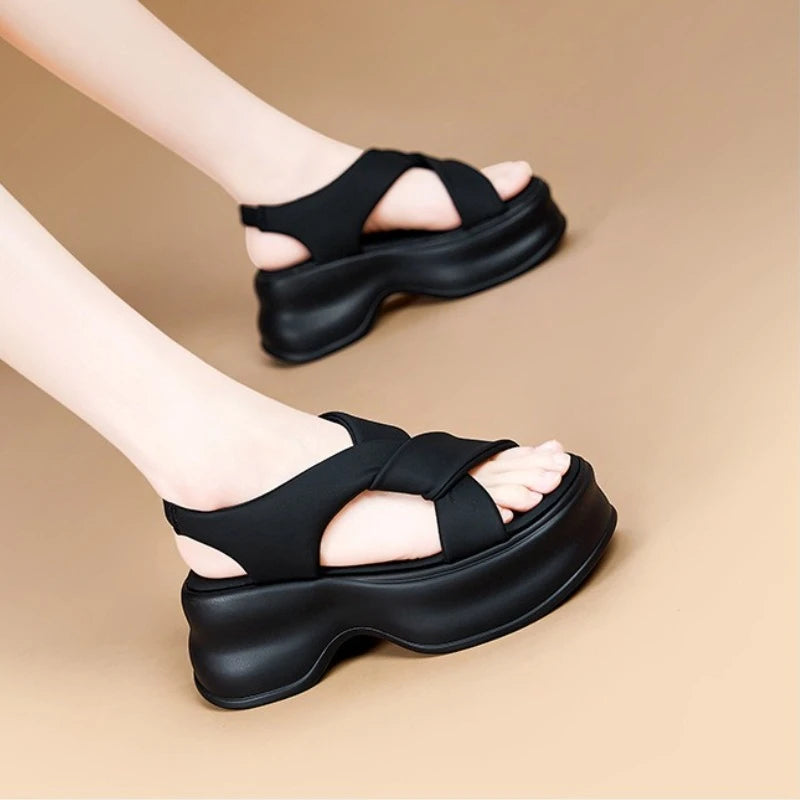 Fujin 7.5cm PU Synthetic Microfiber Leather Platform Wedge Flats Fashion Slippers Women Sandals Fashion Peep Toe Shoes Pumps
