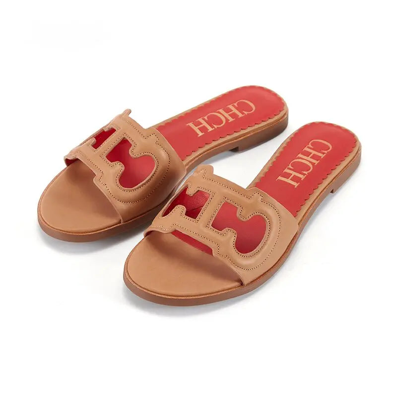 2025 Summer Slippers Women's Shoes Leather Casual Shoes Flat Luxury Brand Shoes Essence Model
