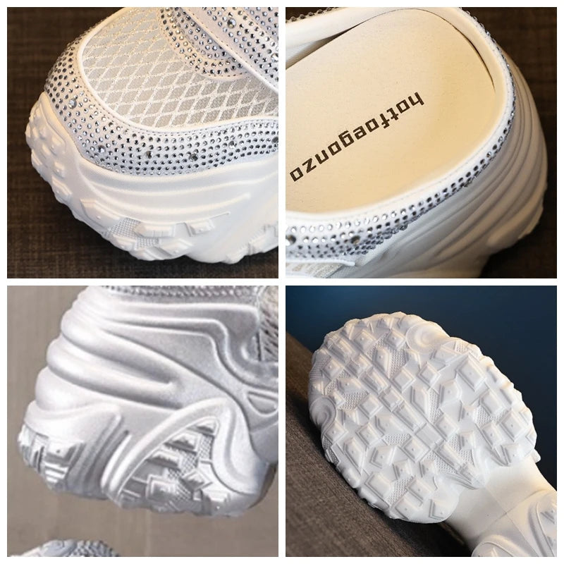 Fujin 9cm Air Mesh Microfiber Leather Women Bling Vulcanize Platform Wedge Flats Chunky Sneakers Slipper Hidden Heel Shoes