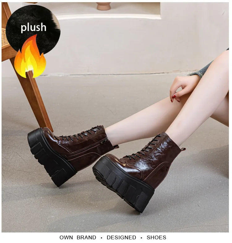 Fujin 14CM Microfiber Genuine Leather Women Boots Causal Boot Shoes Motorcycle Ankle Booties Platform Wedge Thick Sole ZIP Shoes