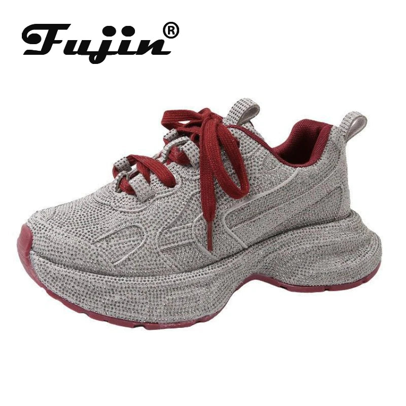 Fujin 5cm Women Sneakers Spring Lace-Up Casual Working Shoes Wearing Shoes High Brand Platform Wedge Silver Crystal Outside