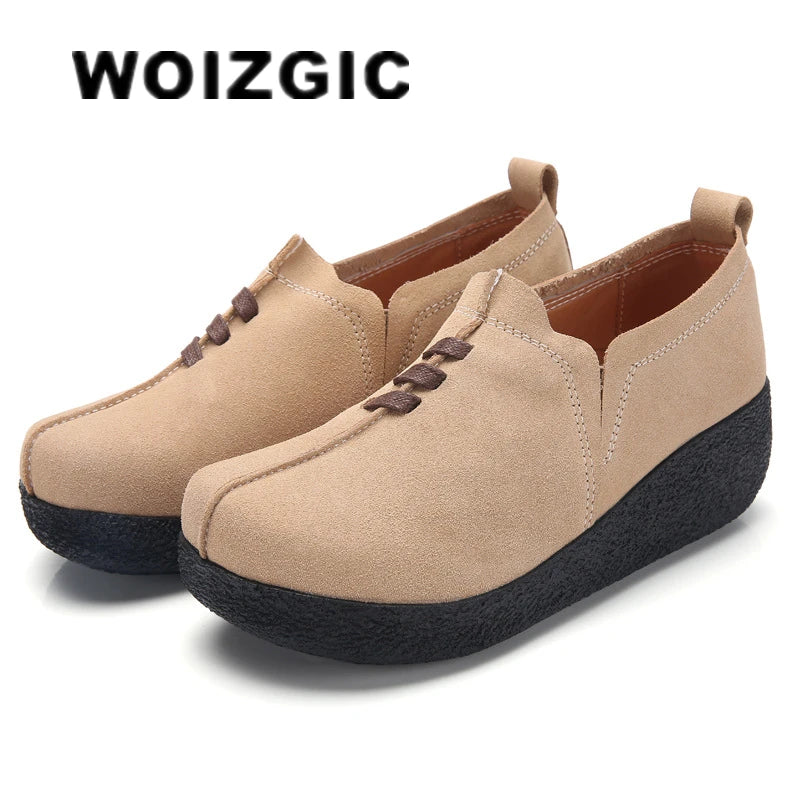 WOIZGIC Femmes Femmes Mère Dames Véritable Cuir Vache Daim Chaussures Plates Plateforme Sans Lacet Coréen Grande Taille 42 43 LLX-3022