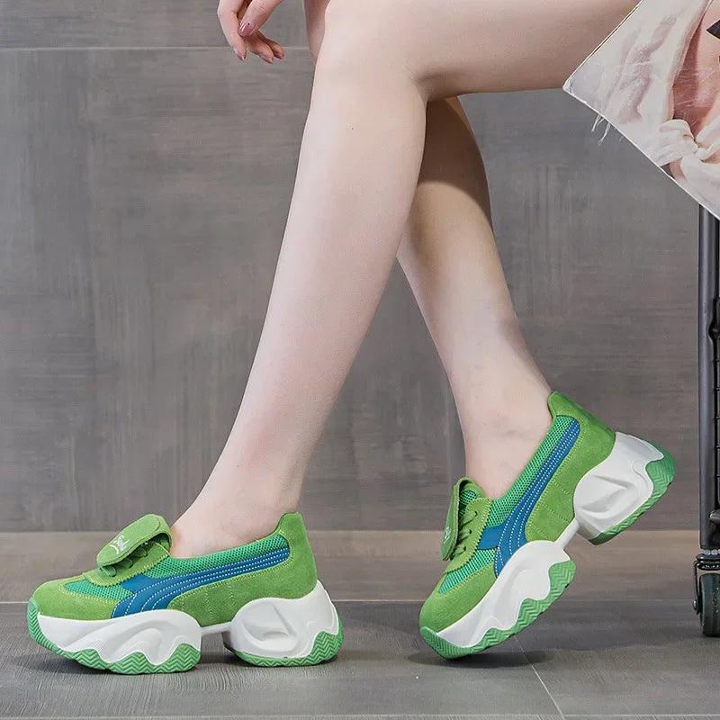 Fujin 7cm Air Mesh Platform Wedge Ladies Comfy High Brand Genuine Leather Summer Bao Toe Lace Up Chunky Sneaker Casual Shoes