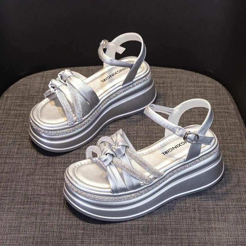 Fujin 7.5cm Genuine Leather Rhinestone Summer Bling Slippers Luxury Platform Wedge Flats Leisure Sandals Elegance Women Shoes