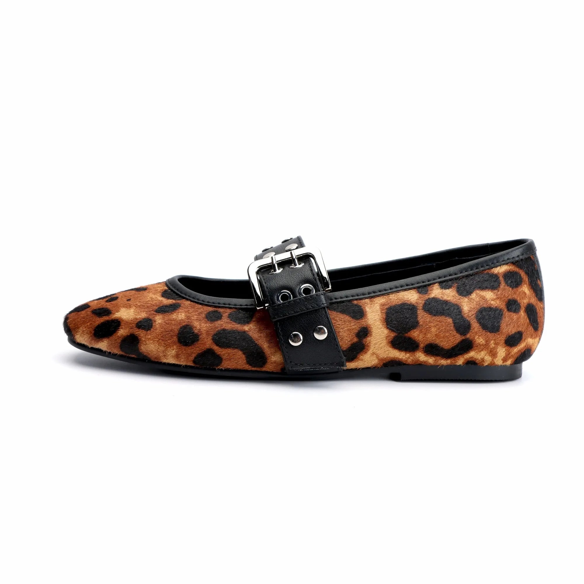 Women's Leopard Mary Jane Ballet Flats Square Toe,Adjustable Buckle Strap, Memory Foam Comfort,Calf Hair Dress Shoes
