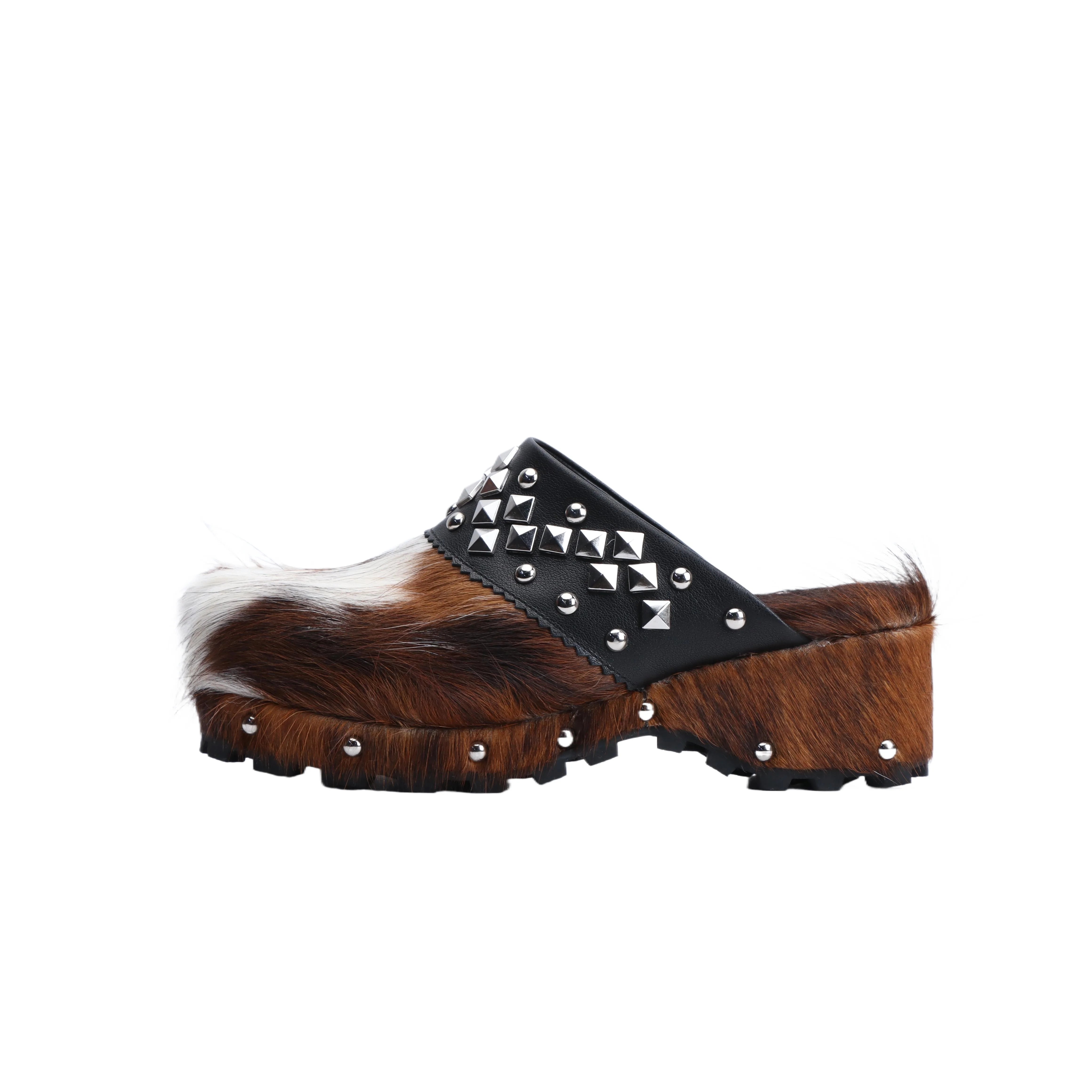 Trendy 2025 Summer Slides Luxury Designer Mule Sandals for Women, Handmade Cowhide Fur, Rubber Sole, Geometric Metal Decor
