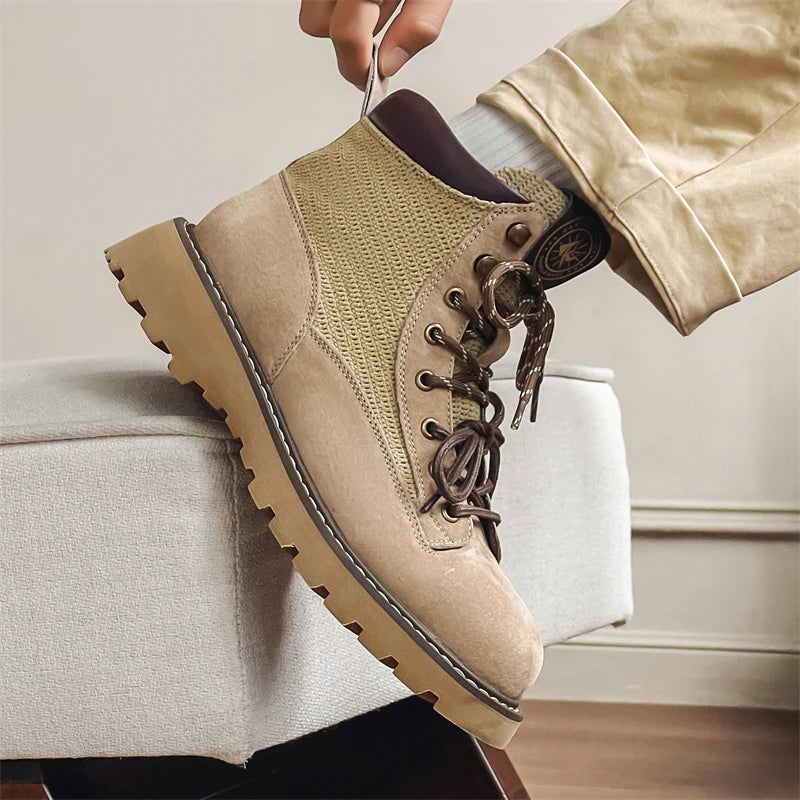 STRONGSHEN Retro Casual High Top Men Boots Genuine Leather Chunky Boot Motorcycle Ankle Boots Lace-Up Work Footwear Botas Hombre