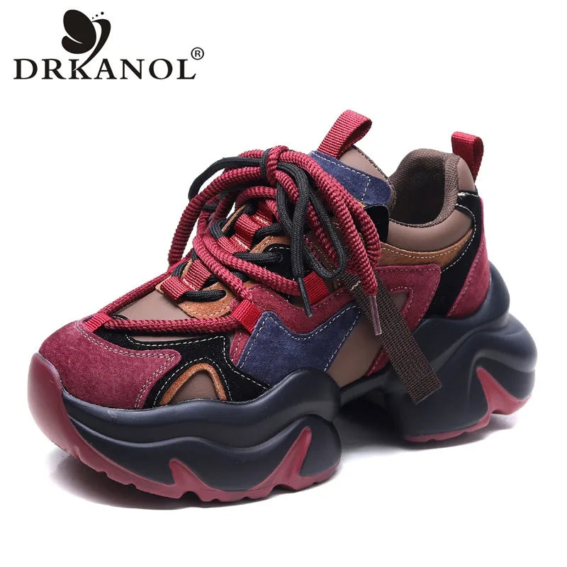 DRKANOL 2025 Women Mixed Colors Cow Suede Shoes Handmade Retro Lace-Up Round Toe Platform Thick Sole Height Increasing Dad Shoes