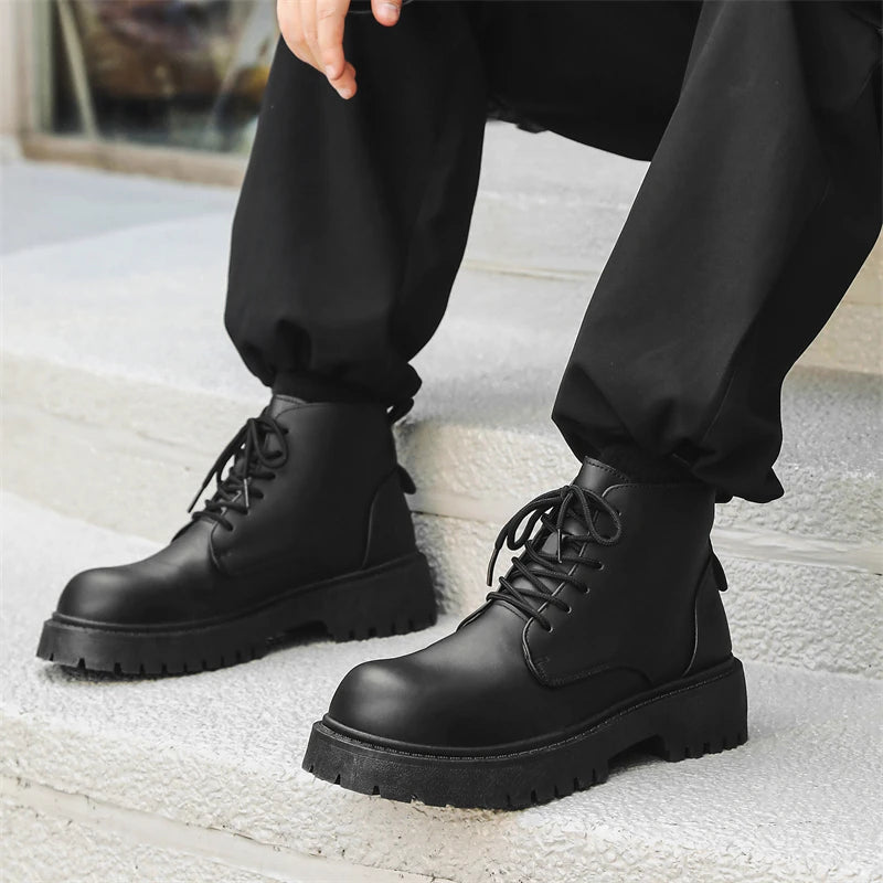 STRONGSHEN Men Ankle Boot High-top Platform Motorcycle Boots Outdoor Fashion Classic Punk Boots Non-slip Leather Casual Shoes