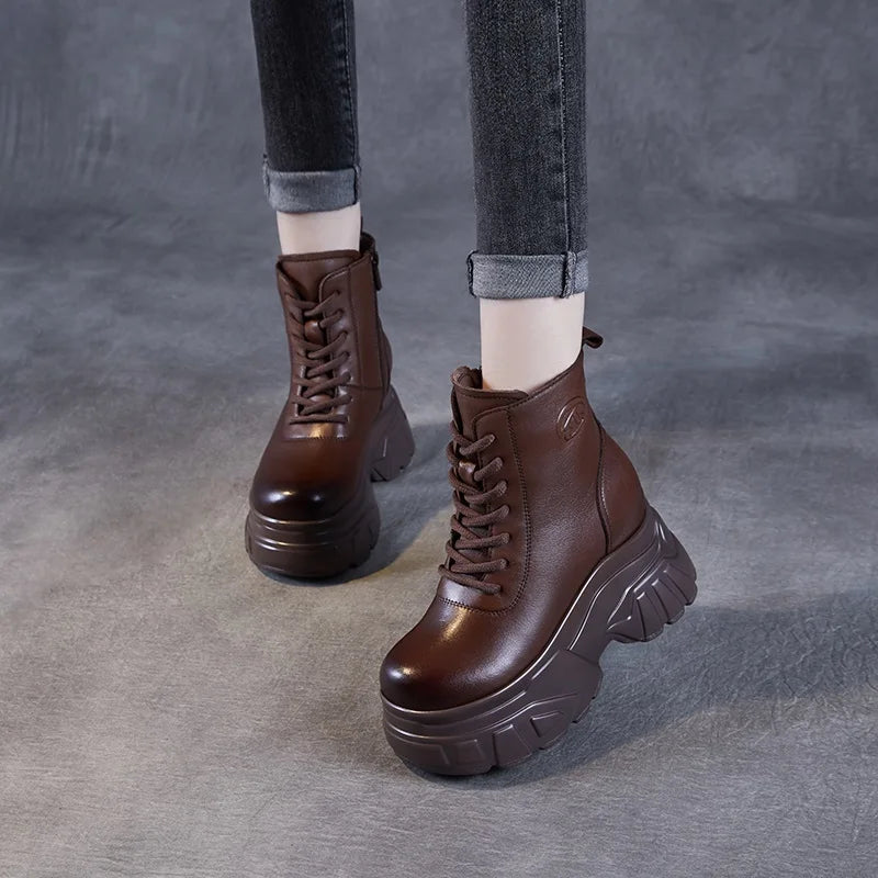 DRKANOL 2025 Women Wedges Heel Ankle Boots Autumn Winter 10cm Height Increasing Genuine Leather Platform Retro Warm Short Boots