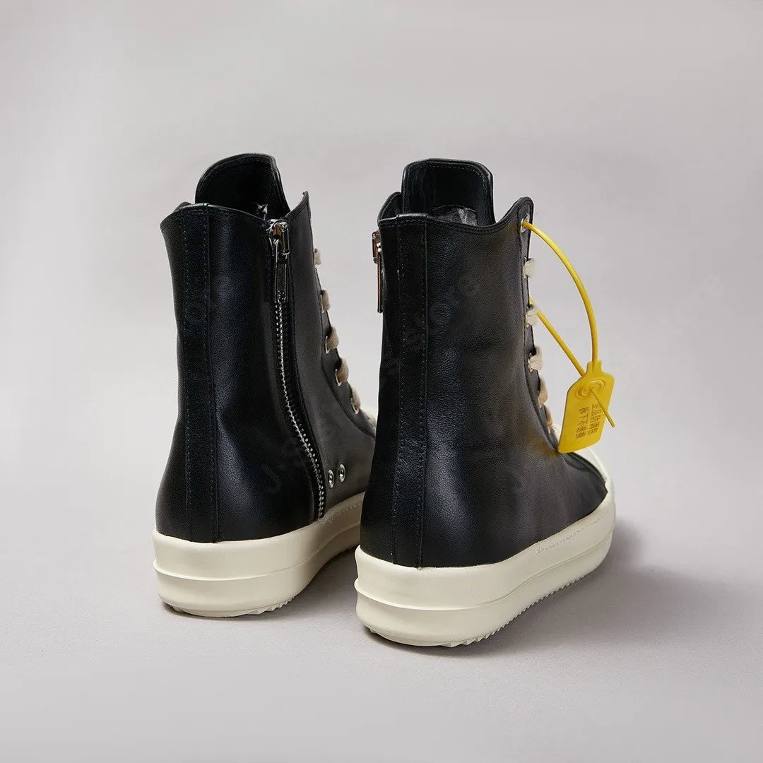 Brand Ro Shoe Men High Top Shoes Black Leather Sneakers Cowhide Women Boots Luxury Casual Sneaker Laces Zipper Flat Ankle Boot