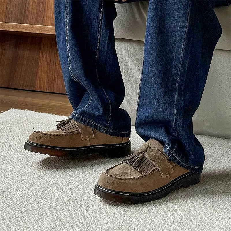 STRONGSHEN Men Tassels Genuine Leather Shoes Suede Thick Sole Oxford Shoes Formal Loafers Business Dress Shoes Casual Footwear