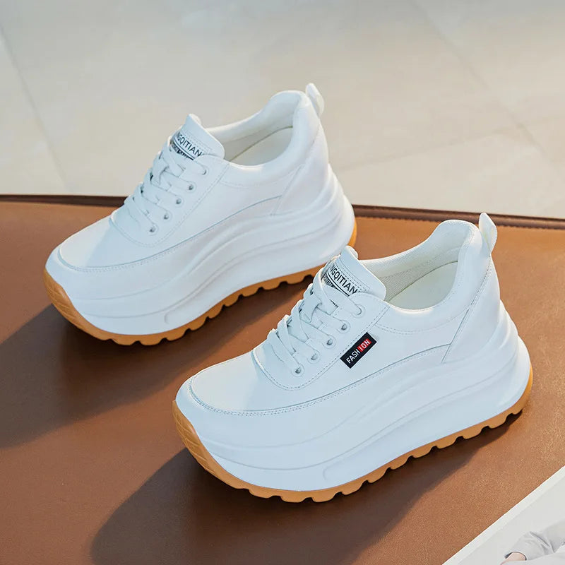 Fujin 8cm Heel Sneakers Genuine Leather White Platform Sneakers for Women Chunky Platform Women Fashion Sneaker Shoes Wedge Heel