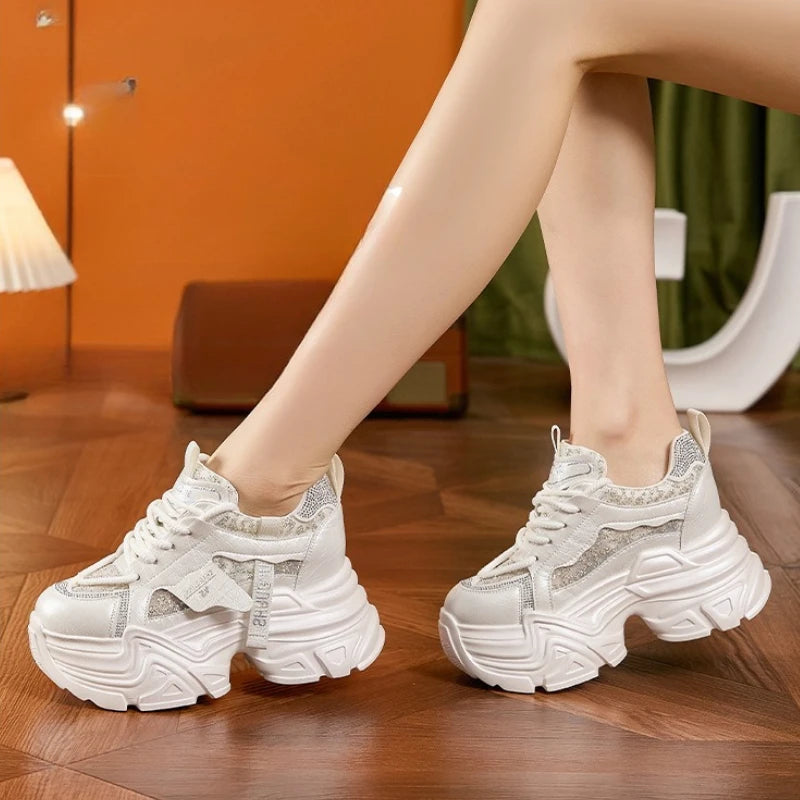 Fujin 9cm Air Mesh Microfiber Leather Bling High Brand Comfy Platform Wedge Fashion Summer Chunky Sneaker Lace Up Shoes Women