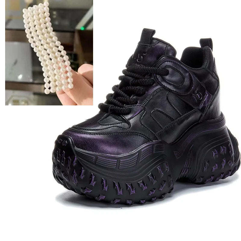 Fujin 12cm Microfiber Genuine Leather Chunky Sneakers Platform Wedge Spring Shoes Ankle Booties Women Vulcanize Fashion Autumn