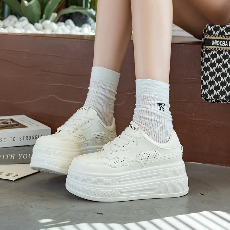 Fujin 7cm Genuine Leather White Shoes Spring Autumn Platform Sneakers Heel Casual Shoes Walking Shoes Fashion Sneakers comfy