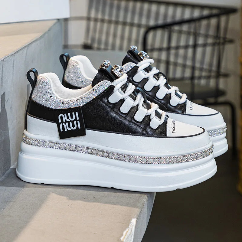 Fujin 7cm Genuine Leather Women Platform Wedge Autumn Spring Hidden Heels Women Vulcanized Bling Chunky Sneakers Casual Shoes