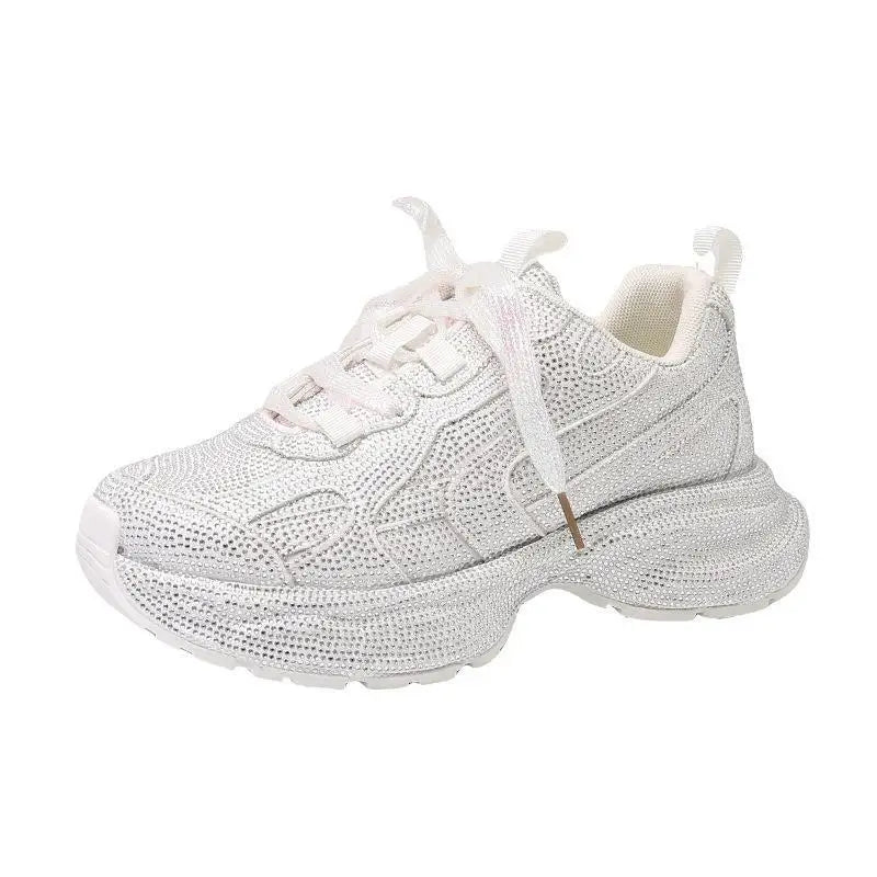 Fujin 5cm Women Sneakers Spring Lace-Up Casual Working Shoes Wearing Shoes High Brand Platform Wedge Silver Crystal Outside