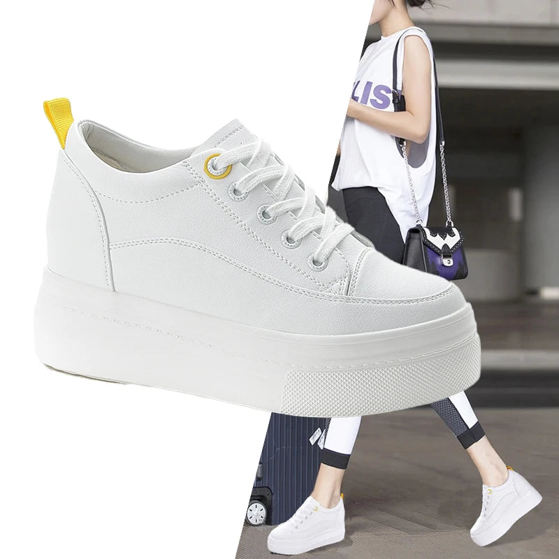 fujin 8cm 2024 Genuine Leather Women shoes white skateboard sneakers platform wedge shoes air mesh hollow breathable