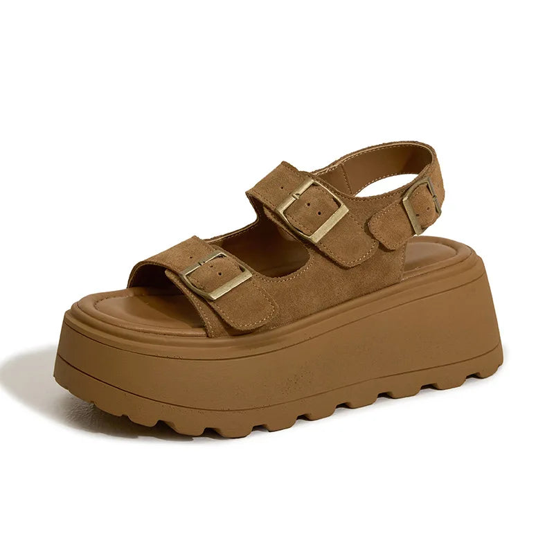 Fujin 7cm 2025 Suede Leather High Brand Platform Wedge Flats Summer Chunky Sneaker Sandals Comfy Peep Toe Fashion Shoes Women