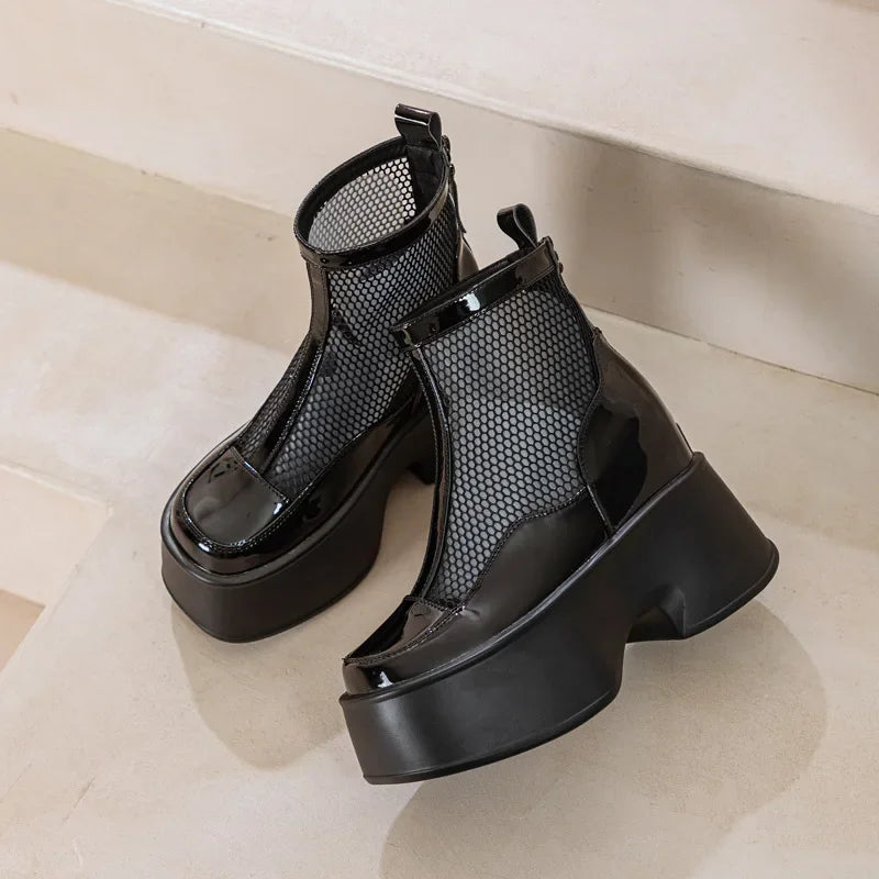 Fujin 11cm Air Mesh Patent Leather Boots Chimney Summer Motorcycle Sandals Hollow Ankle Booties Women Moccasins Fashion Shoes