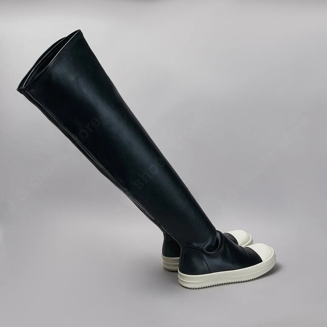 R-o Women Sneakers Cowhide Over the Knee Stretch Boots Men Black Leather Shoes Casual Shoe Footwear Winter Knee High Ankle Boot