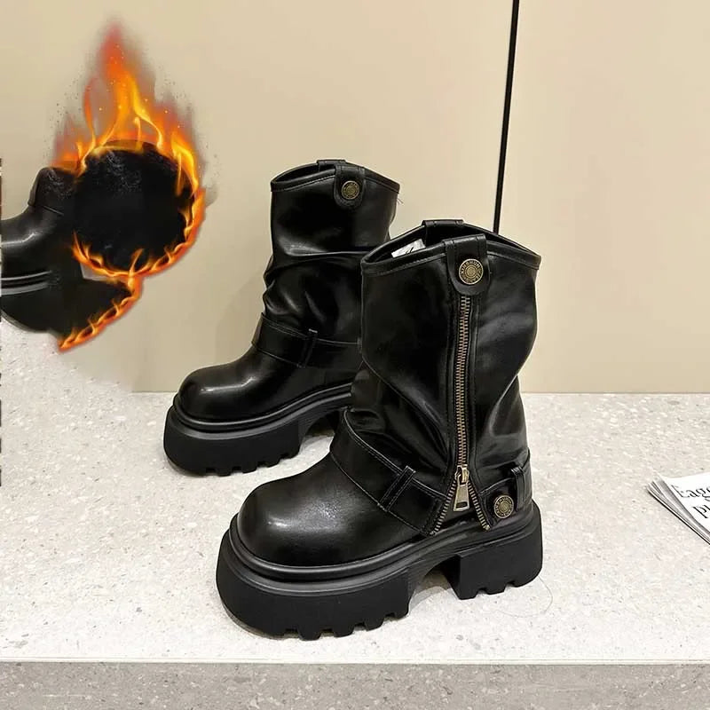 Koznoy 10cm PU Leather Spring Round Toe Shoes Motorcycle Boots Women Ankle Booties Ladies Fashion Chimney Autumn Moccasins