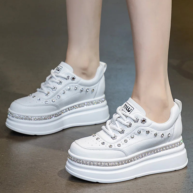Fujin 7cm Genuine Leather Women Casual Bling Chunky Sneakers Platform Wedge Vulcanized Autumn Spring Hidden Heels Ladies Shoes