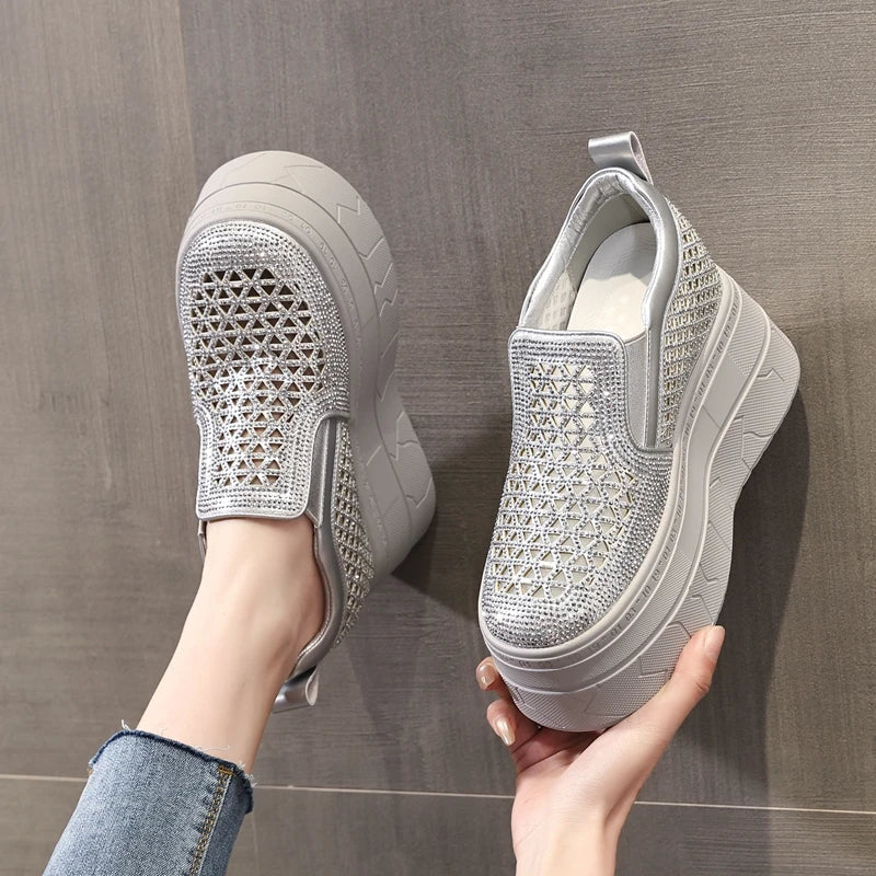 AUTUSPIN 10cm High Platform Chunky Women Breathable Synthetic Leather Crystal Ladies Shoes Summer Fashion Hollow Out Wedge Pumps