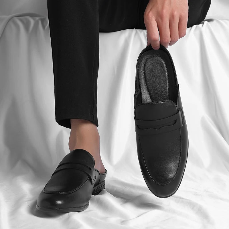 Men Leather Half Slippers Fashion Outdoor Casual Leather Shoes Soft Bottom Half Drag Genuine Leather Antiskid Walking Shoes