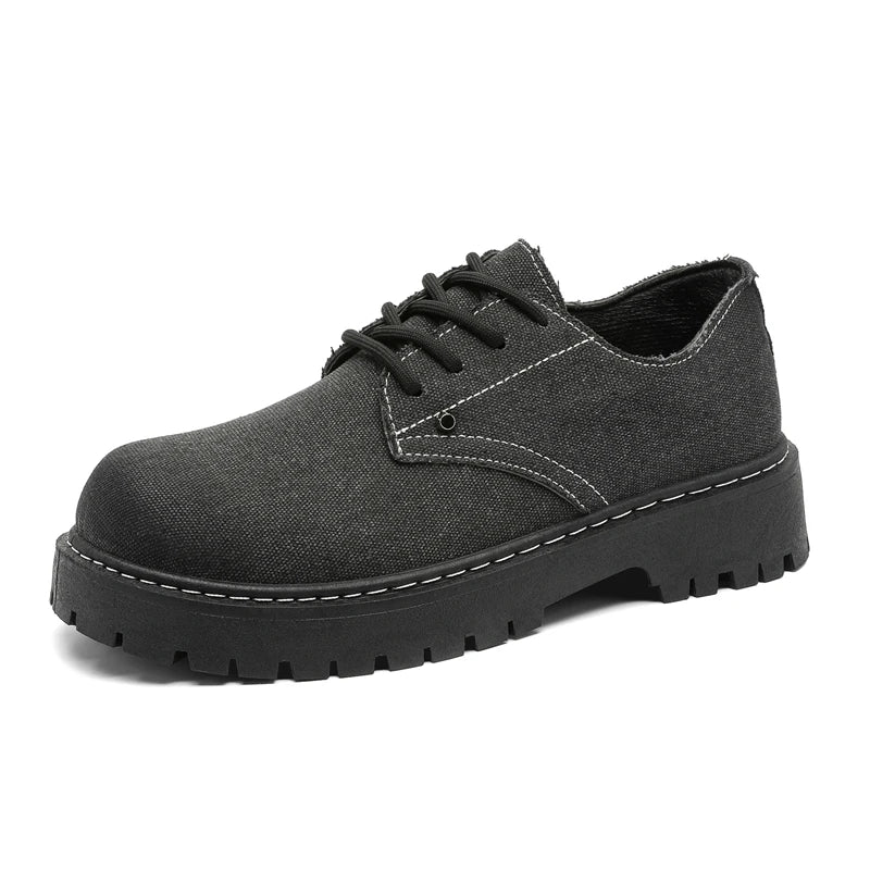 Men's Casual Shoes Comfortable Breathable Canvas Upper Thick Bottom Fashion Sewing Round Toe Leather Chunky Shoes Male Footwear