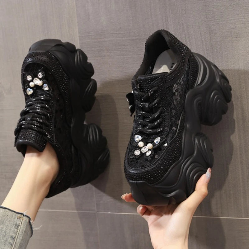 Fujin 9cm Air Mesh Microfiber Leather Chunky Sneaker Hook Ankle Boots Bling High Brand Comfy Booties Fashion Summer Shoes Women