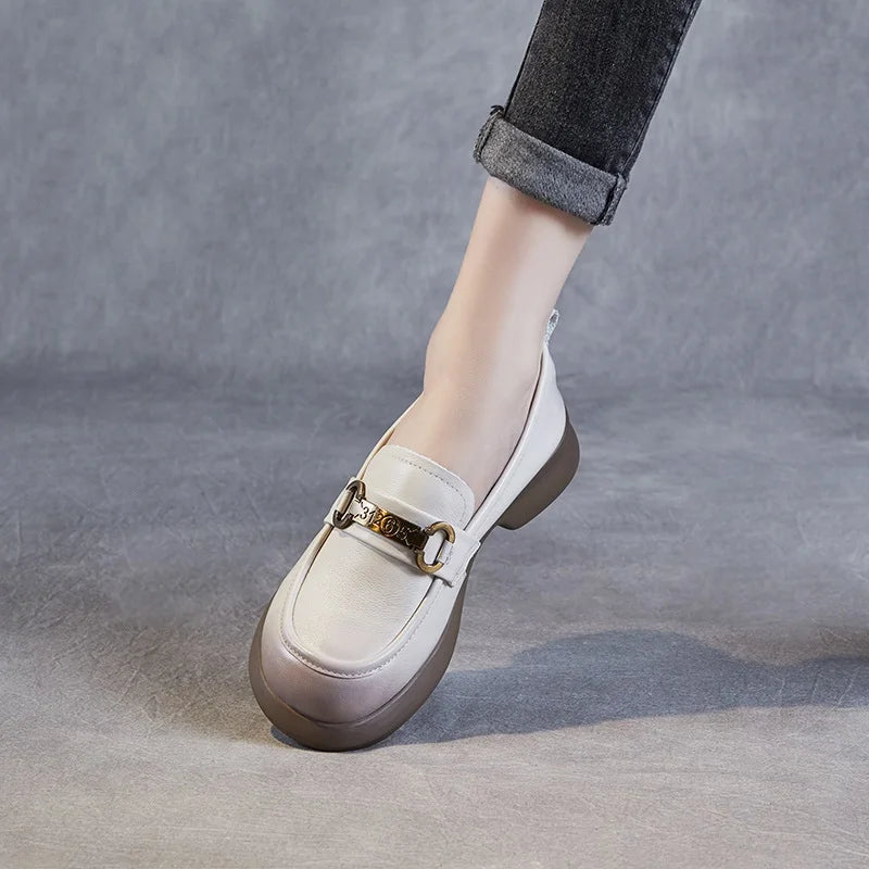 DRKANOL Women Slip On Loafers 2025 Spring Shallow Genuine Cow Leather Trend Metal Mid Thick Heel Casual Single Shoes Black Beige