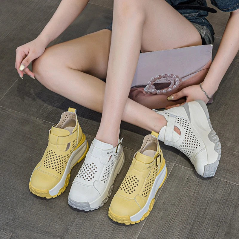 Fujin 7.5cm Microfiber Leather Ankle Boots Sandals Women Platform Wedge Fashion Summer Comfy Shoes Hollow Chunky Sneaker Lace Up