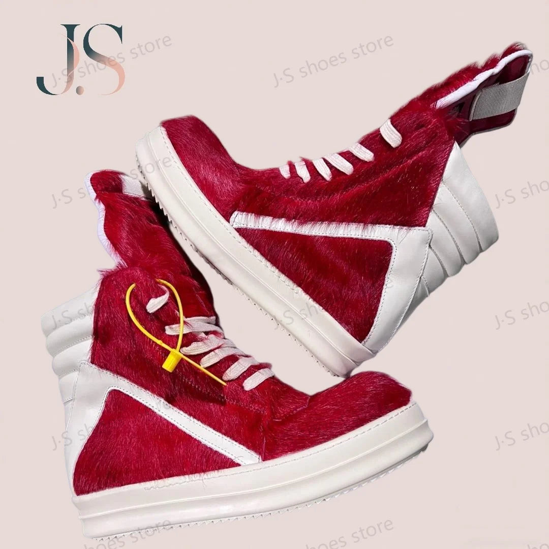 R-o Brand Men Shoe Red Horse Hair High top Casual Shoes Women Sneakers Red Horsehair Boots Lace Up Sneaker Zipper Ankle Boot