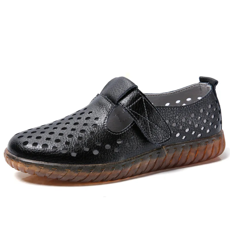 WOIZGIC Women's Mother Female Genuine Leather White Shoes Sandals Loafers Moccasins Hook Loop Outdoor Cool Beach Summer Hollow