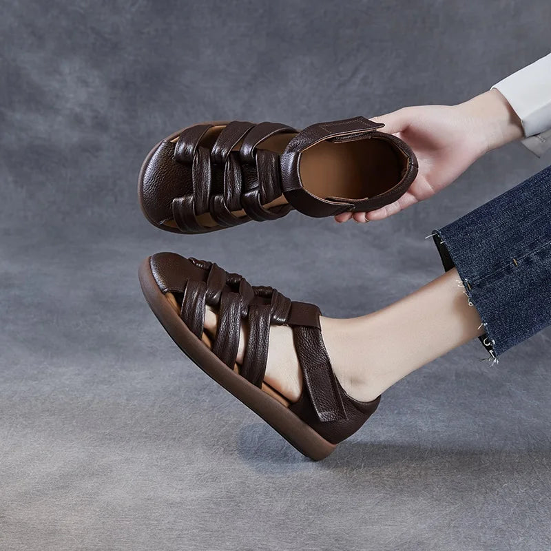 DRKANOL2025 Roman Sandals For Women Summer Handmade Woven Shoes Retro Style Genuine Cow Leather Soft Sole Casual Flat Sandals