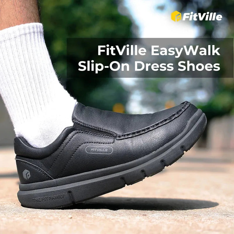 Fitville Men'S Leather Shoes Wide Width 2E Slip-On Casual Shoes Lightweight For Swollen Feet With Arch Support Pain Relief